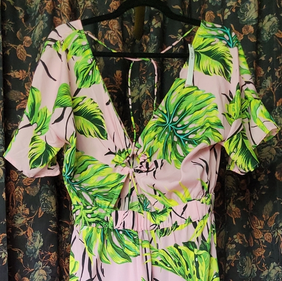 ASOS Jumpsuit, Size 8, Pink Palm Print Wide Leg Beach Jumpsuit NWT - Picture 5 of 6
